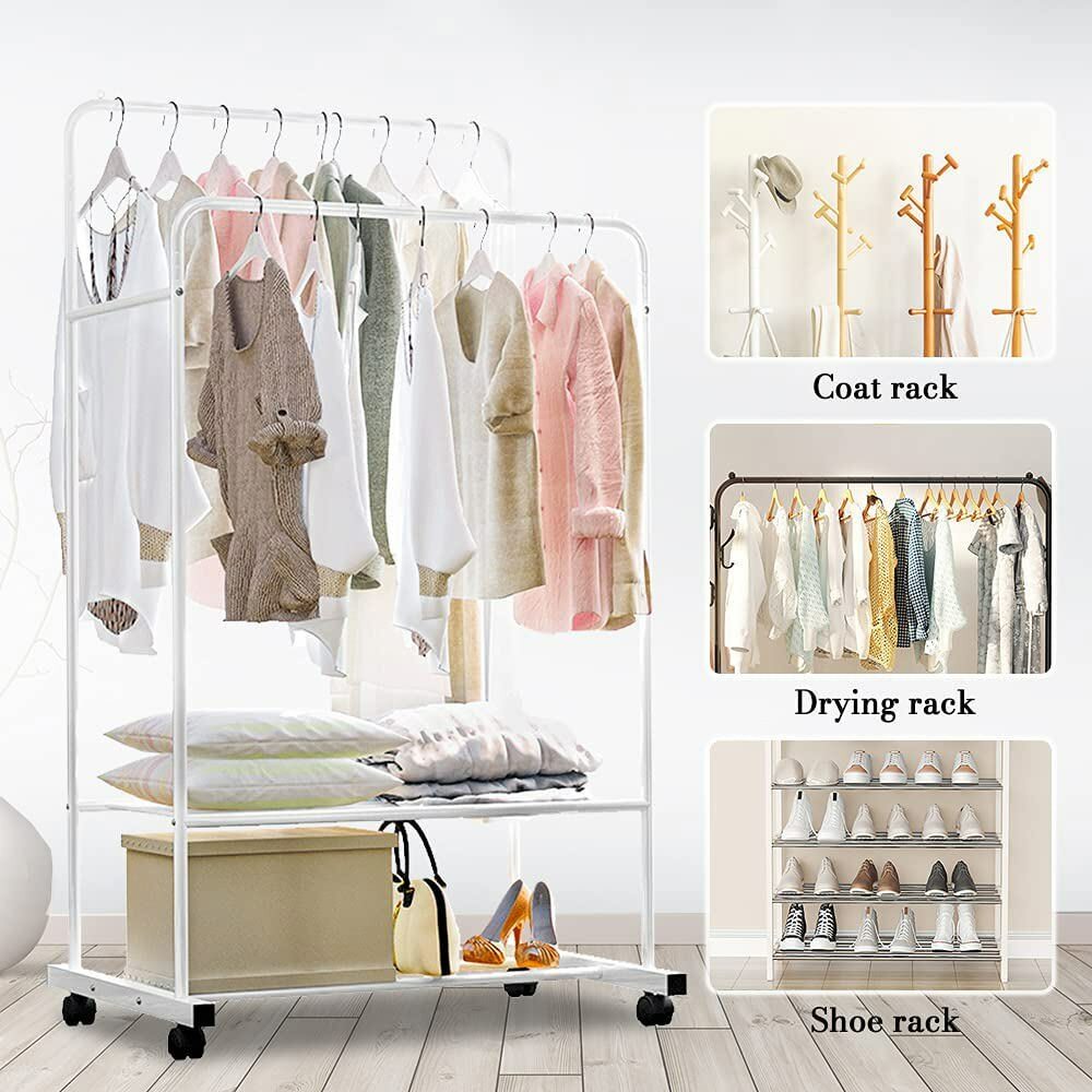 Heavy Duty Double Rail Garment Rack Rolling Clothes Rack 2Tier Storage Shelf
