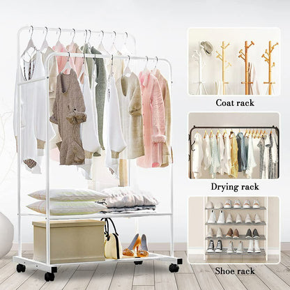 Heavy Duty Double Rail Garment Rack Rolling Clothes Rack 2Tier Storage Shelf