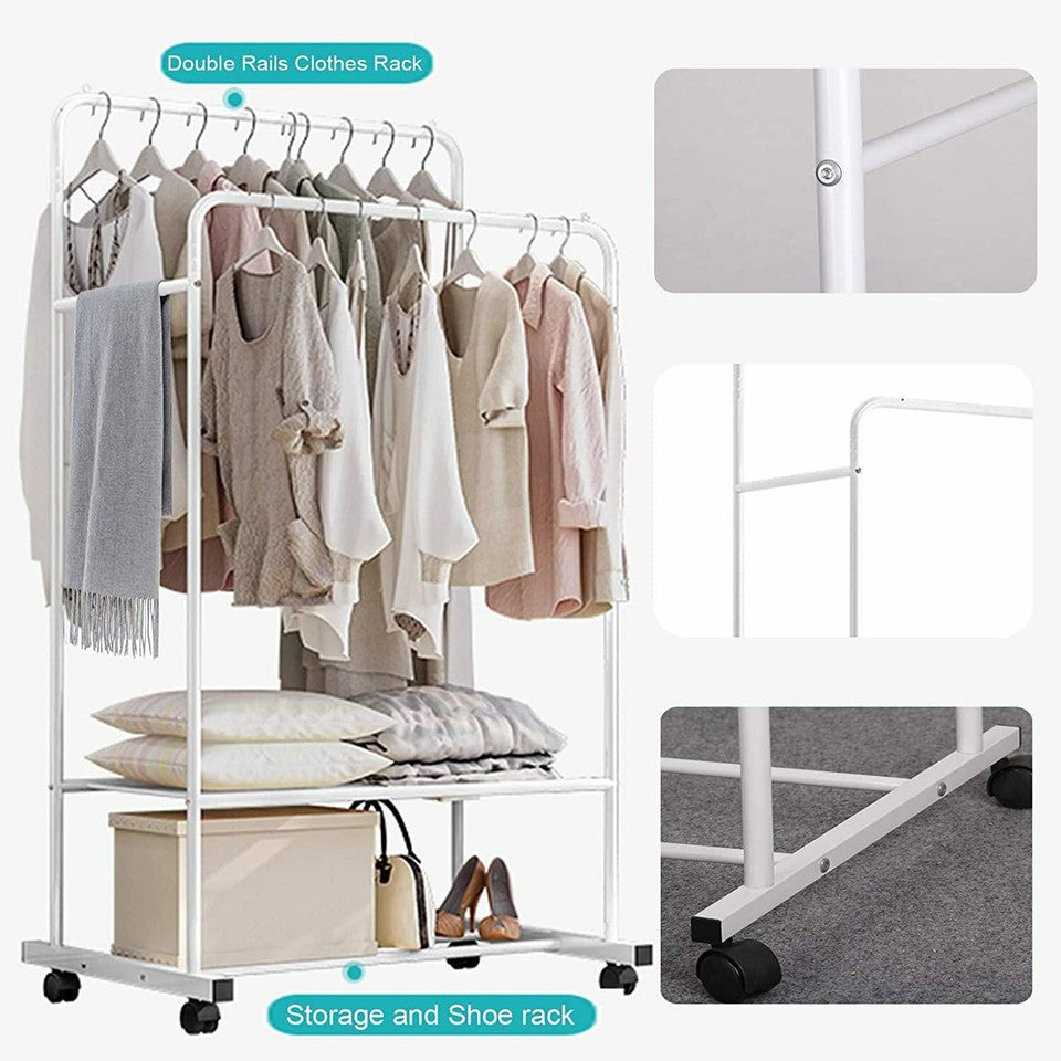 Heavy Duty Double Rail Garment Rack Rolling Clothes Rack 2Tier Storage Shelf