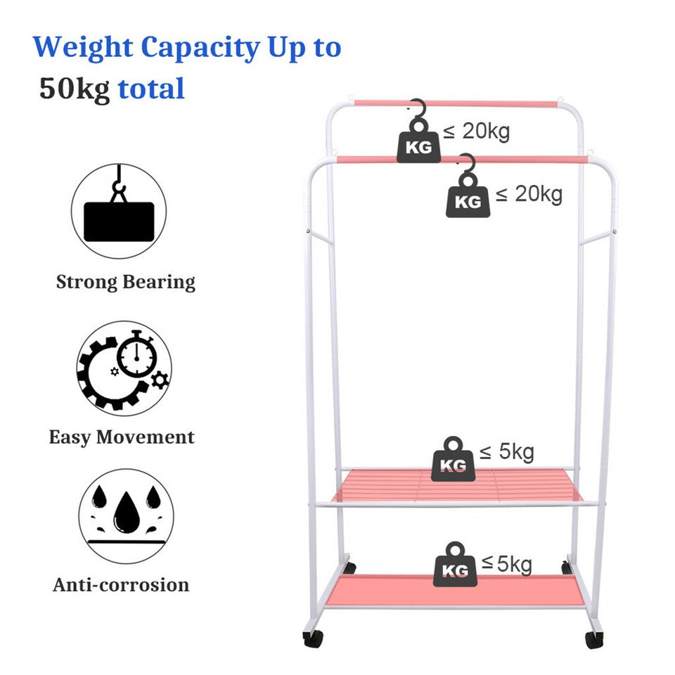 Heavy Duty Double Rail Garment Rack Rolling Clothes Rack 2Tier Storage Shelf