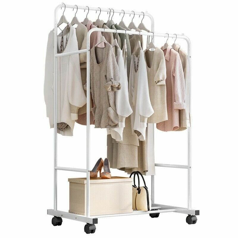 Heavy Duty Double Clothes Rail Rack Garment Hanging Display Stand 4 Wheel Armoir