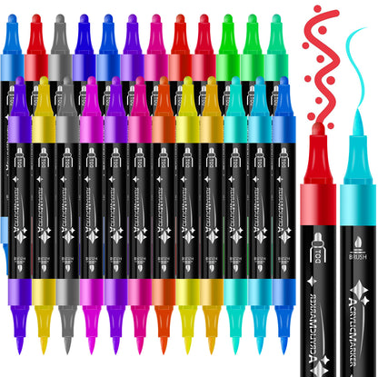 24-Color Dual-Tip Acrylic Marker Set - Fine and Brush Tip for Art Projects and DIY Crafts