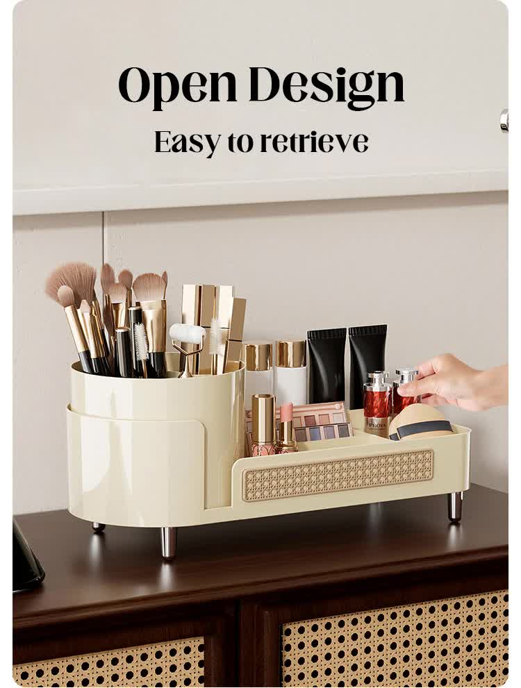 Brown Cosmetic Organizer - Rotating Desktop Makeup Brush Holder with Large Capacity Storage