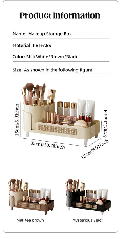 Brown Cosmetic Organizer - Rotating Desktop Makeup Brush Holder with Large Capacity Storage