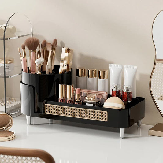 Black Cosmetic Organizer - Rotating Desktop Makeup Brush Holder with Large Capacity Storage