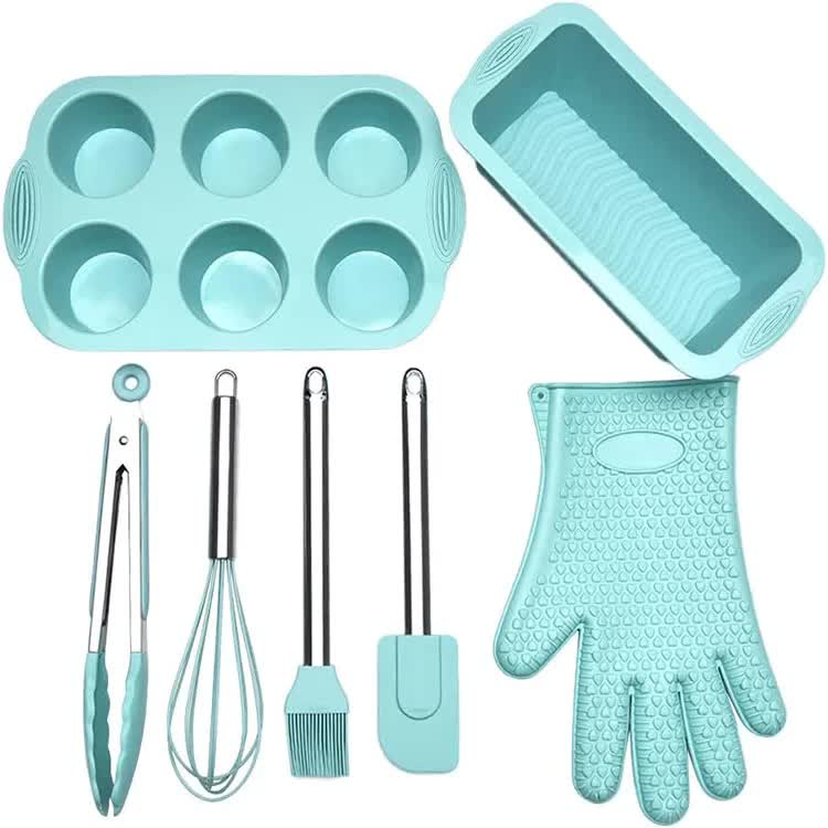 Green 7-Piece Silicone Bakeware Set with Whisk, Spatula, Brush, Gloves, and Cake Molds for Home Baking