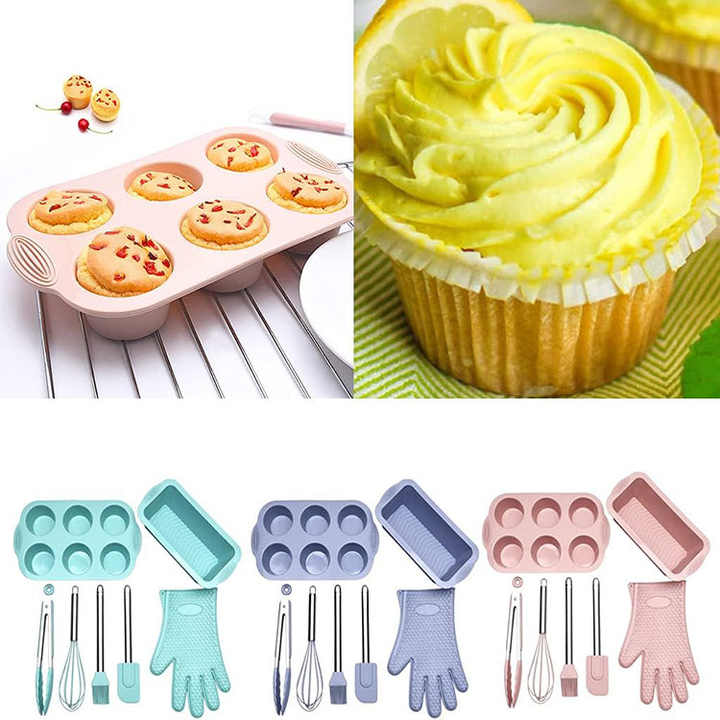 Green 7-Piece Silicone Bakeware Set with Whisk, Spatula, Brush, Gloves, and Cake Molds for Home Baking