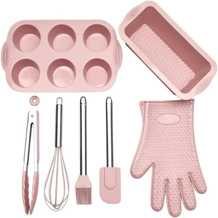 Pink 7-Piece Silicone Bakeware Set with Whisk, Spatula, Brush, Gloves, and Cake Molds for Home Baking