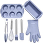 Grey 7-Piece Silicone Bakeware Set with Whisk, Spatula, Brush, Gloves, and Cake Molds for Home Baking