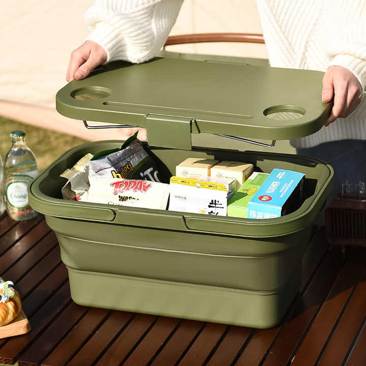 Army Green Foldable Outdoor Picnic Basket with Lid and Tabletop, Camping Storage Box, Car-Friendly Organizer