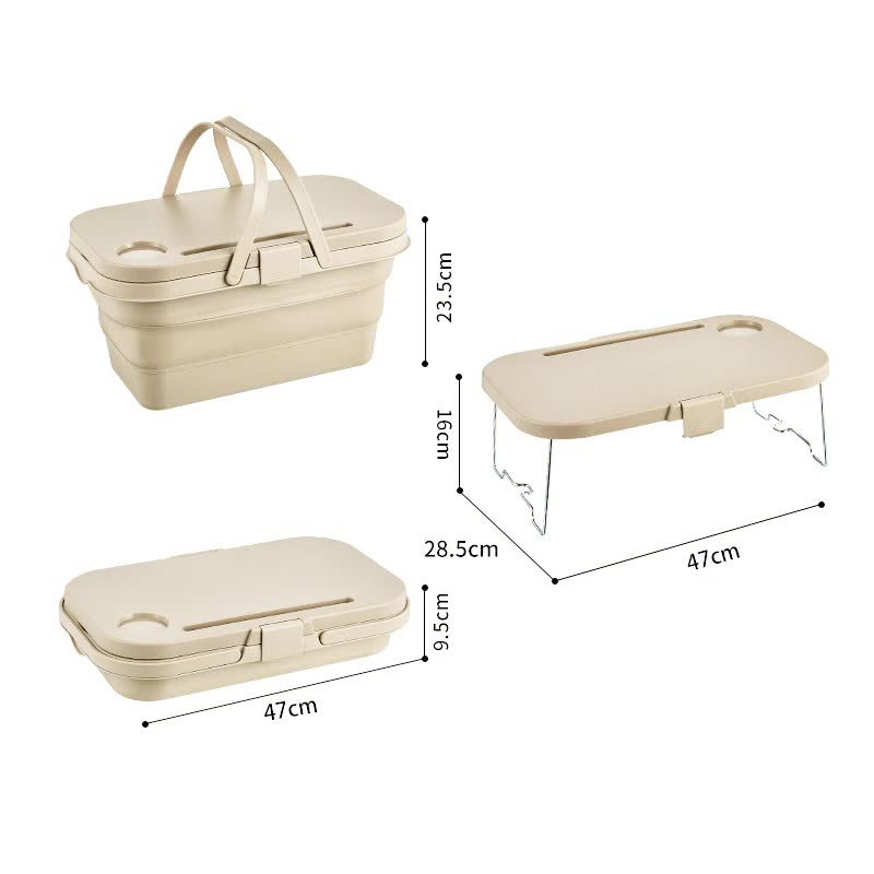 Ivory Foldable Outdoor Picnic Basket with Lid and Tabletop, Camping Storage Box, Car-Friendly Organizer