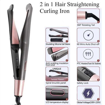 2-in-1 Hair Straightener and Curler – Ceramic Ionic Hair Styling Tool for Smooth and Wavy Hair