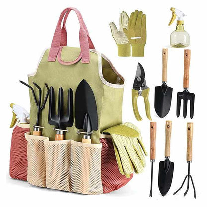 Pink-green 9-Piece Garden Tool Set with Storage Tote - Heavy Duty Gardening Kit