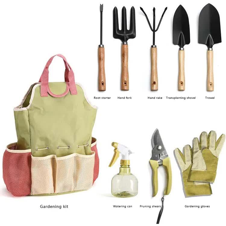 Pink-green 9-Piece Garden Tool Set with Storage Tote - Heavy Duty Gardening Kit