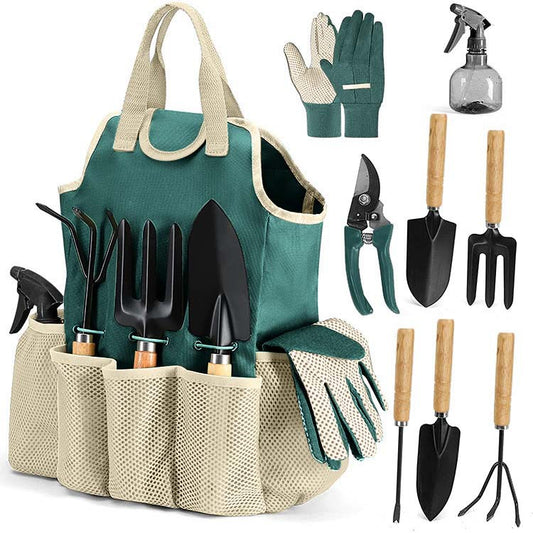 Green 9-Piece Garden Tool Set with Storage Tote - Heavy Duty Gardening Kit