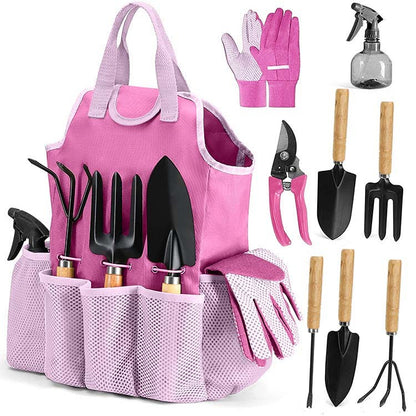 Rose Red 9-Piece Garden Tool Set with Storage Tote - Heavy Duty Gardening Kit