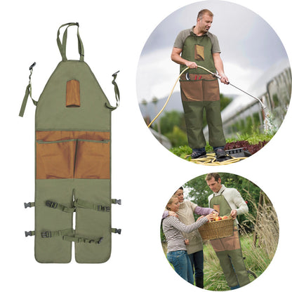 Khaki Pocket Heavy-Duty Gardening Apron with Adjustable Straps and Multi-Pocket Design