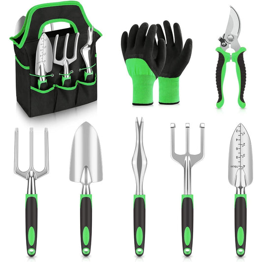 Green 8-Piece Heavy-Duty Gardening Tool Set with Ergonomic Handles and Storage Bag