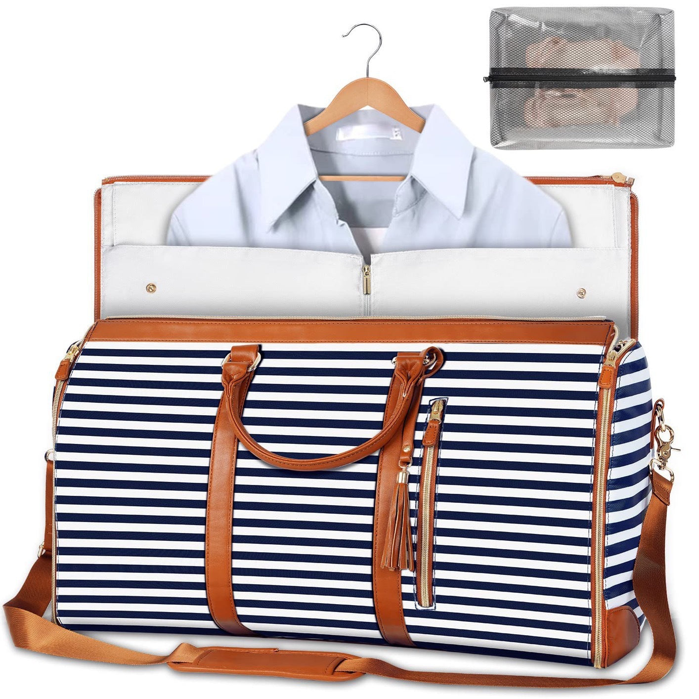 Blue Stripe Convertible Garment Duffel Bag with Leather Accents - Travel Weekender Bag for Suits and Dresses