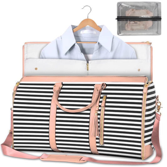 Black Stripe Convertible Garment Duffel Bag with Leather Accents - Travel Weekender Bag for Suits and Dresses