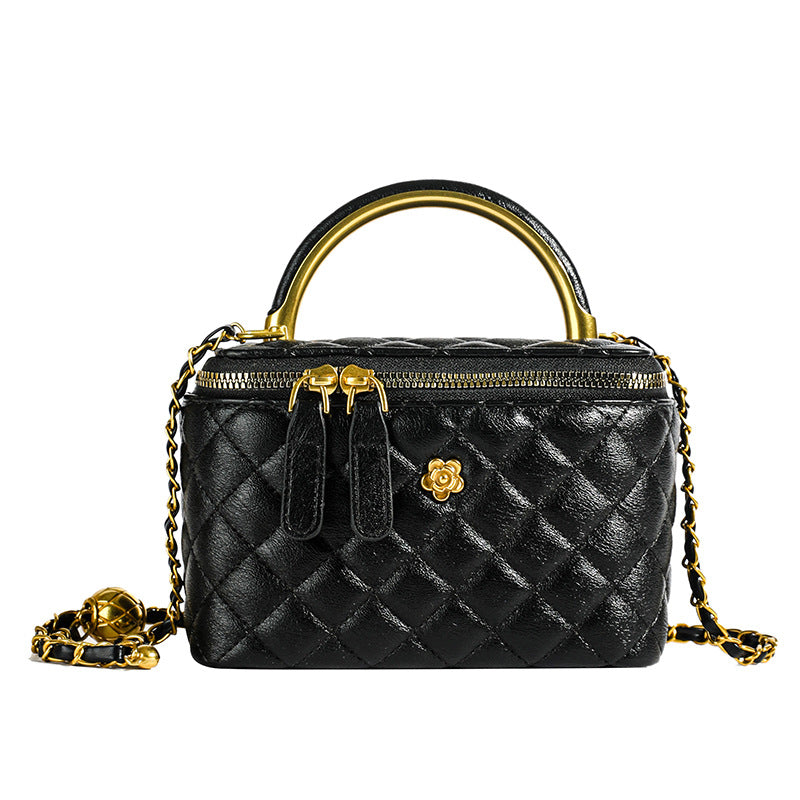 Black Luxury Quilted Mini Box Handbag with Chain Strap and Metal Handle - Elegant Evening Purse