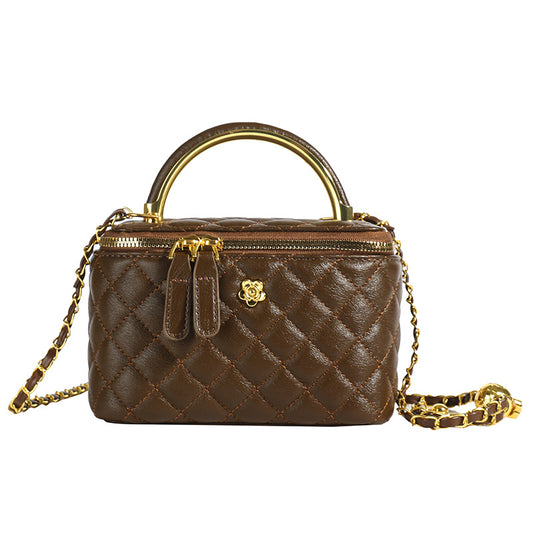 Brown Luxury Quilted Mini Box Handbag with Chain Strap and Metal Handle - Elegant Evening Purse