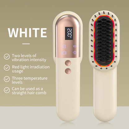 White Mini Rechargeable Ionic Hair Straightening Comb | Portable Wireless Vibration Massage Brush for Frizz-Free, Smooth Hair