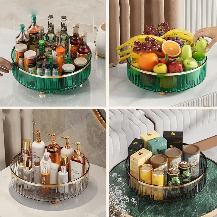 Green Luxury Rotating Storage Rack - Transparent Spice Organizer & Condiment Holder for Kitchen and Living Room, Desktop Rotating Tray for Efficient Storage