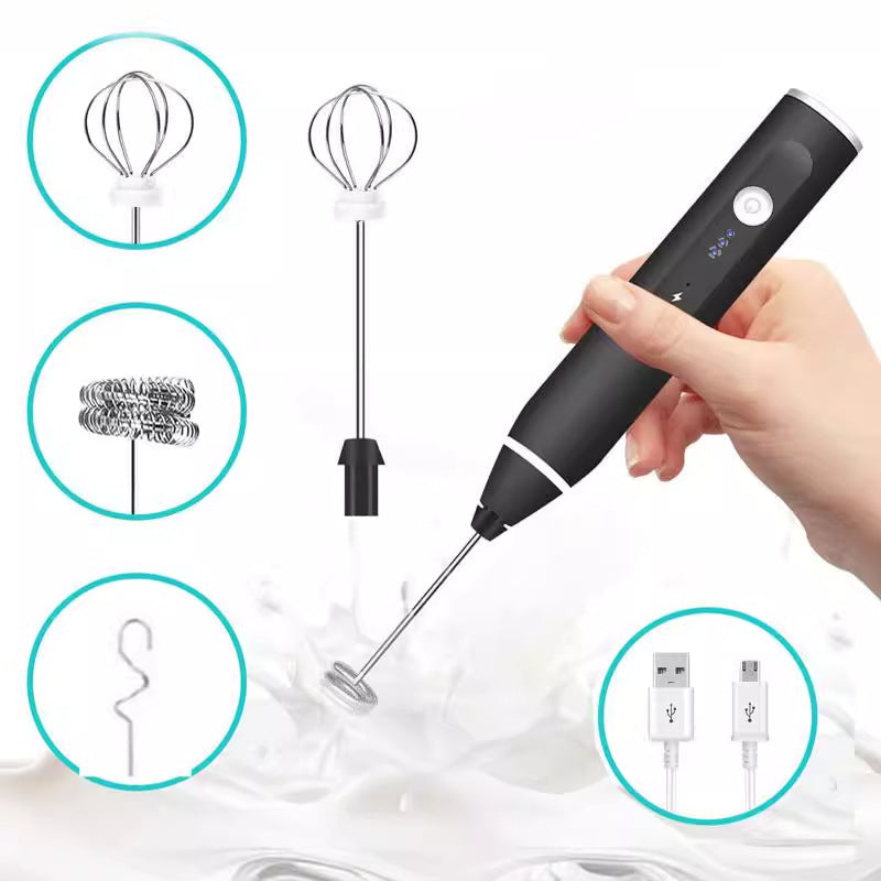 White 304 Stainless Steel Handheld Electric Milk Frother, Egg Beater, Paint Mixer, and Milk Powder Whisk