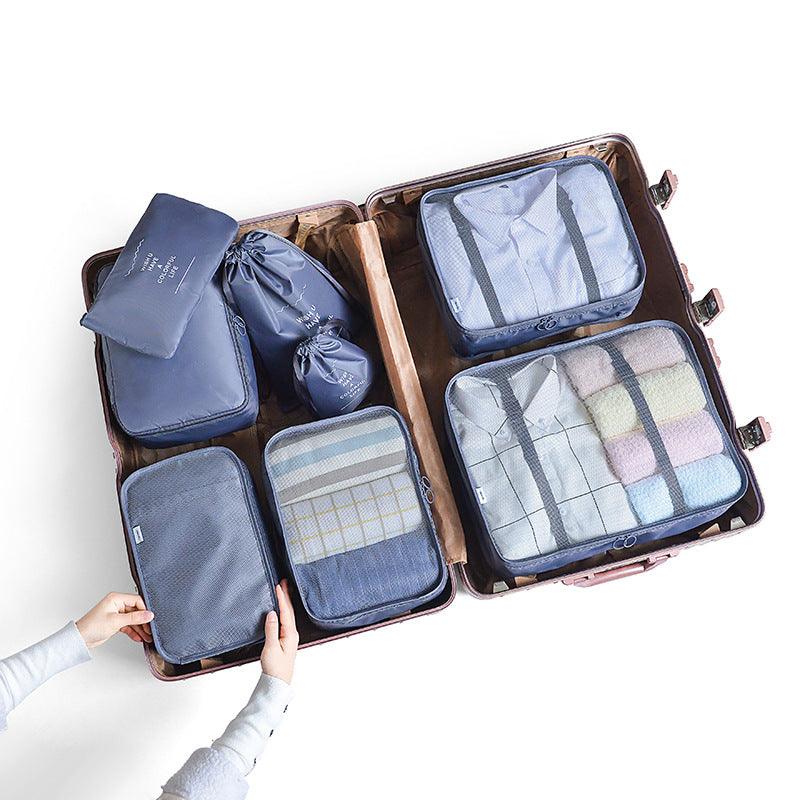 Gray Blue 8-Piece Travel Organizer Set - Packing Bags for Clothes, Shoes, Underwear, and Toiletries with Drawstring and Zip Pouches