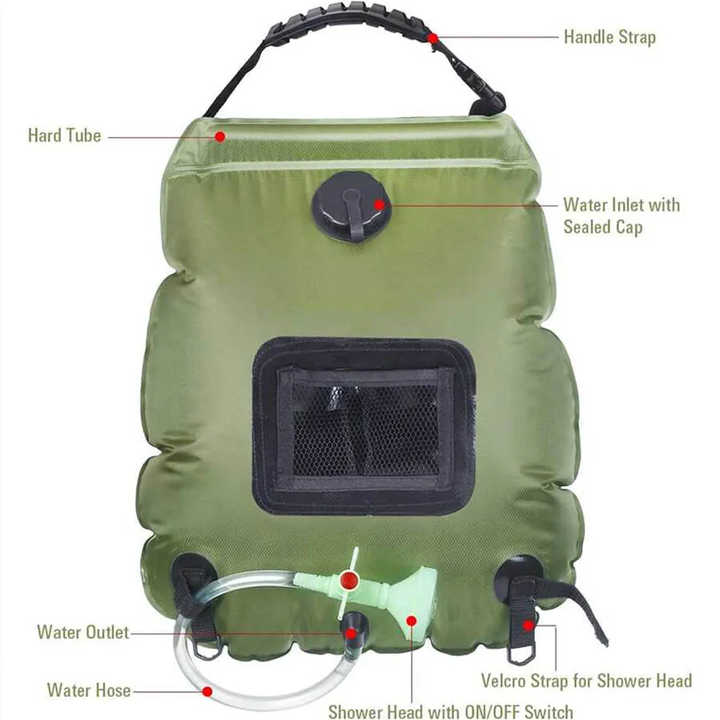 Green Portable Solar Camping Shower Bag, Foldable 20L Outdoor Water Storage Bag with Temperature Display for Easy Use