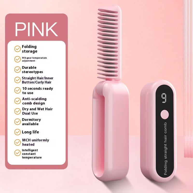 Pink Portable foldable cordless hair straightener with ionic technology, compact travel design, and quick and easy USB charging