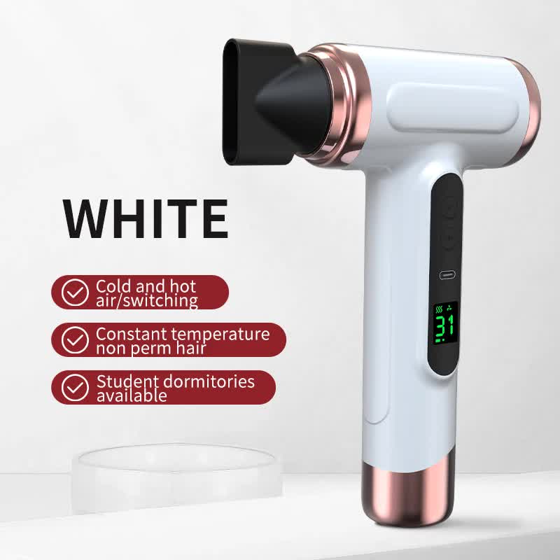 White ireless Hair Dryer with Cold & Hot Air, Portable Large-Capacity Rechargeable Ionic Dryer, Fast-Drying, Lightweight and Compact for Home and Travel