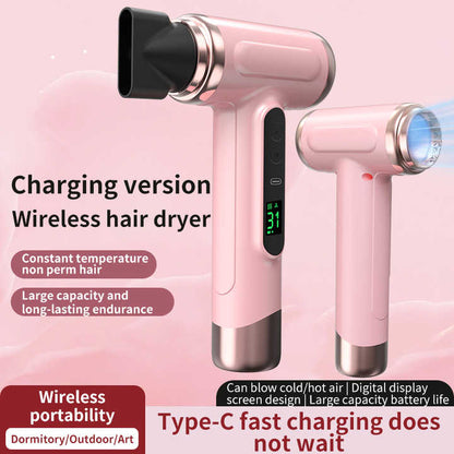 White ireless Hair Dryer with Cold & Hot Air, Portable Large-Capacity Rechargeable Ionic Dryer, Fast-Drying, Lightweight and Compact for Home and Travel