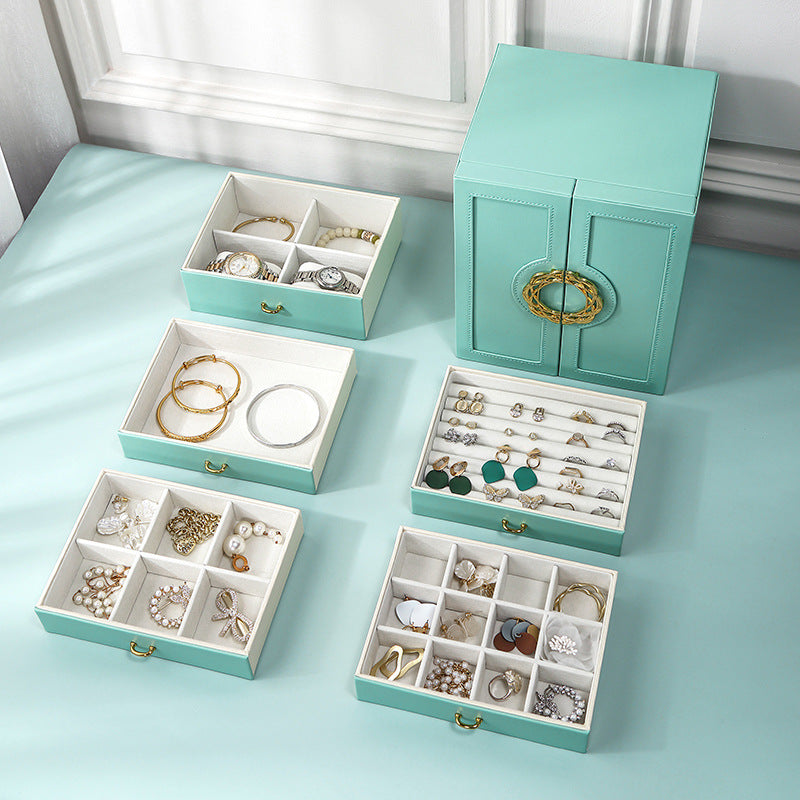 Light Blue Elegant 5-Layer Large Capacity Jewelry Storage Box with Dual Opening Doors - Perfect for Organizing Necklaces, Rings, Earrings, and More(Jewelry is a photo prop and is not included)