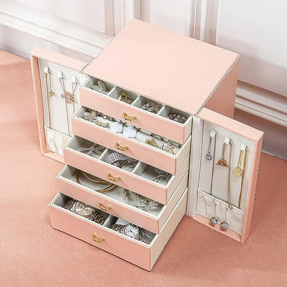 Pink Elegant 5-Layer Large Capacity Jewelry Storage Box with Dual Opening Doors - Perfect for Organizing Necklaces, Rings, Earrings, and More(Jewelry is a photo prop and is not included)