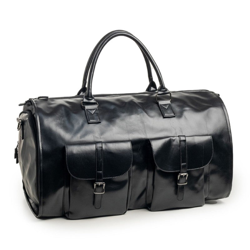 Black PU Leather Travel Duffel Bag - Multifunctional Overnight Gym Bag with Spacious Compartments