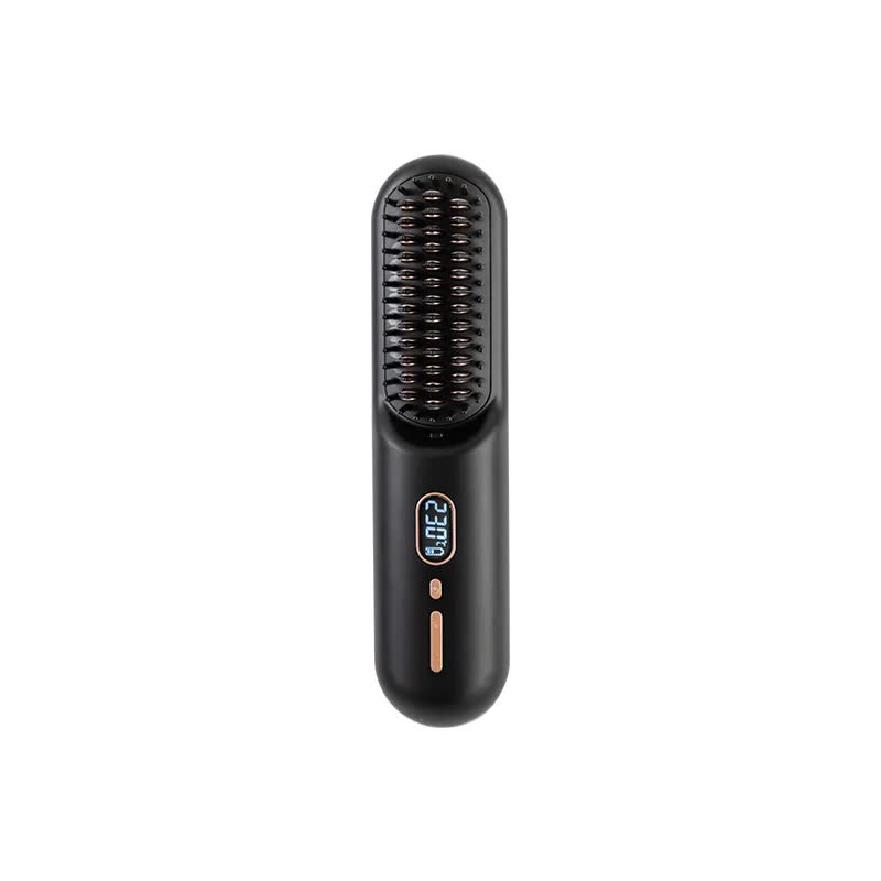 Black Rechargeable Portable Ionic Hair Straightening Comb - USB Wireless Travel Hair Style