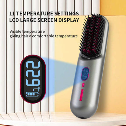 Black Rechargeable Portable Ionic Hair Straightening Comb - USB Wireless Travel Hair Style