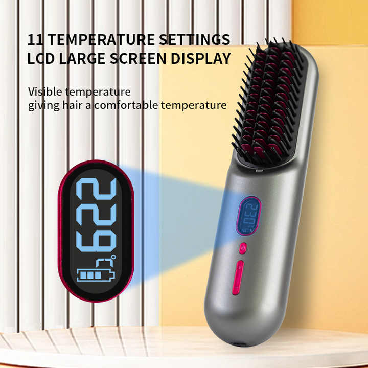 Gray Rechargeable Portable Ionic Hair Straightening Comb - USB Wireless Travel Hair Style