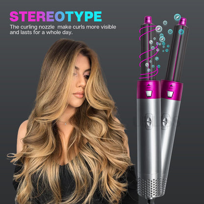 Blue 5-in-1 Hot Air Styler - Automatic Hair Curling and Straightening Brush with Leafless Dryer