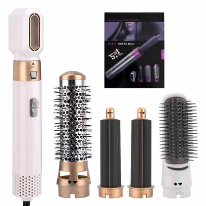 White 5-in-1 Hot Air Styler - Automatic Hair Curling and Straightening Brush with Leafless Dryer