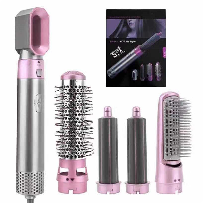 Pink 5-in-1 Hot Air Styler - Automatic Hair Curling and Straightening Brush with Leafless Dryer