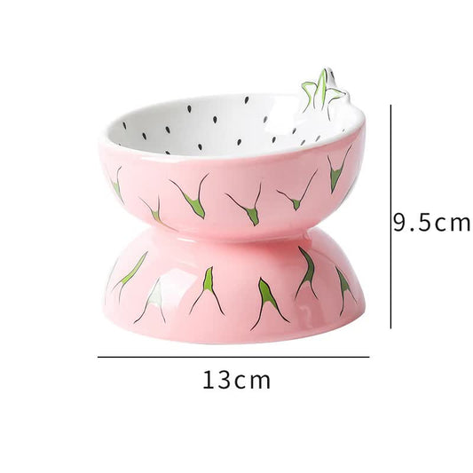 Ceramic Elevated Pet Food Bowl - Cute Pitaya Pattern Design for Cats and Small Dogs