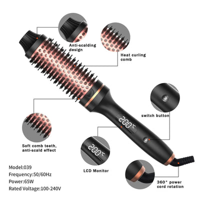 3-in-1 Hair Styling Round Brush with Curling, Straightening & Drying Functions, LCD Display, 10 Temperature Settings