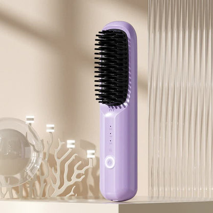 Purple Rechargeable Wireless Hair Straightening Brush - Sleek and Portable Styling Tool