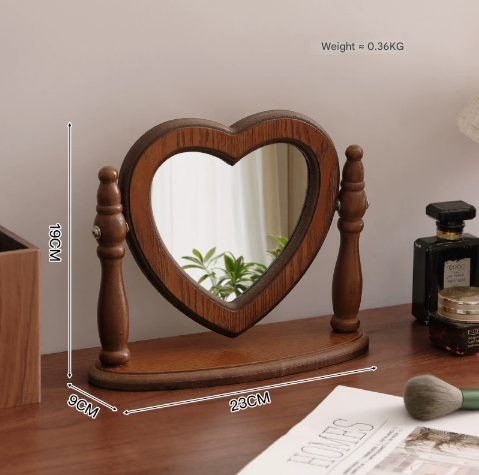 Love Shaped Mirror Cordate Wooden Tabletop Vanity Mirror, Elegant Design