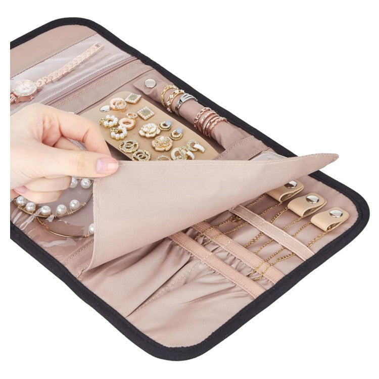 Black Portable Travel Jewelry Organizer Roll - Foldable Jewelry Storage Pouch for Earrings, Rings, and Necklaces(Jewellery is a shooting prop and is not included)