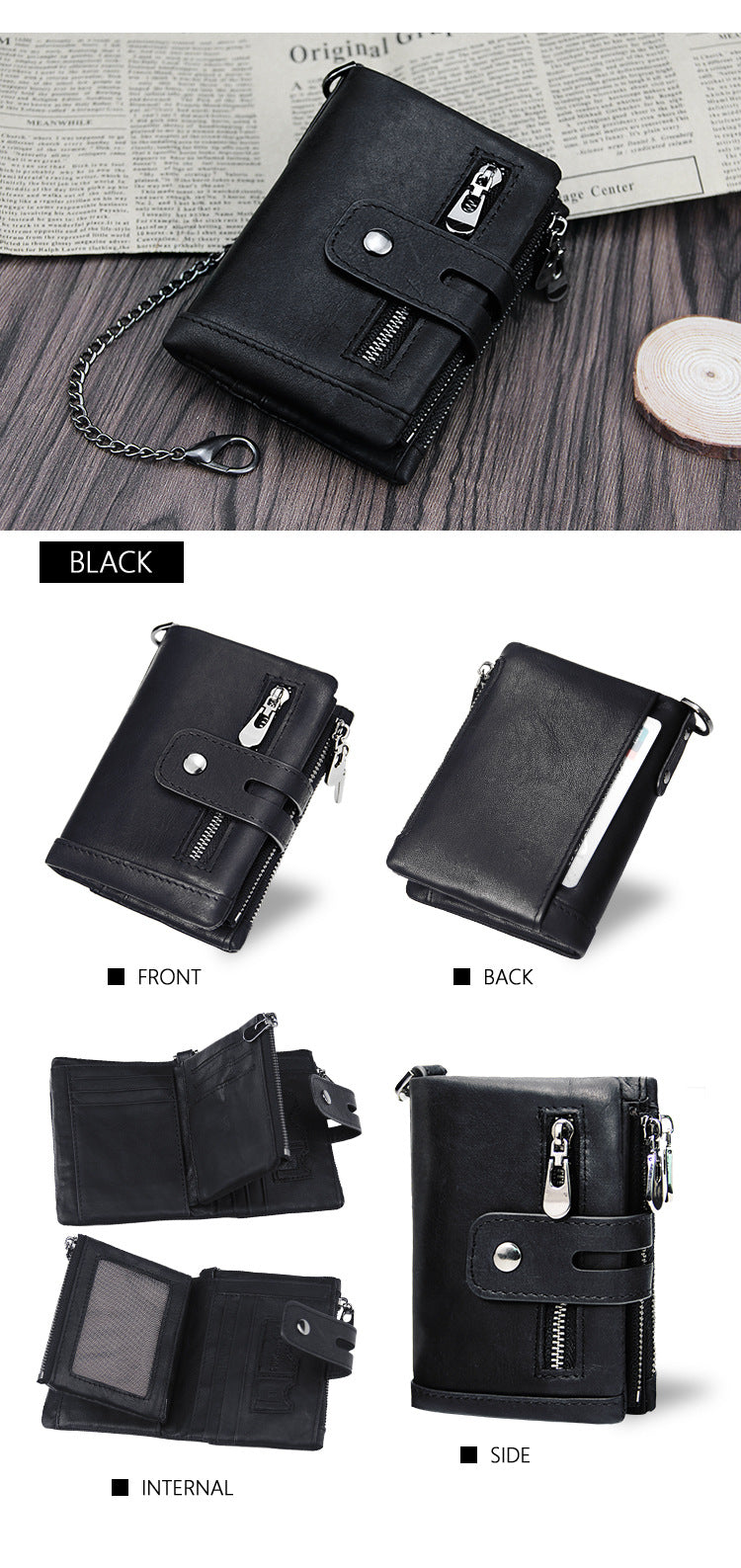 Black Genuine Leather Tri-Fold Wallet - Fashionable Multi-Card Men's and Women's Wallet