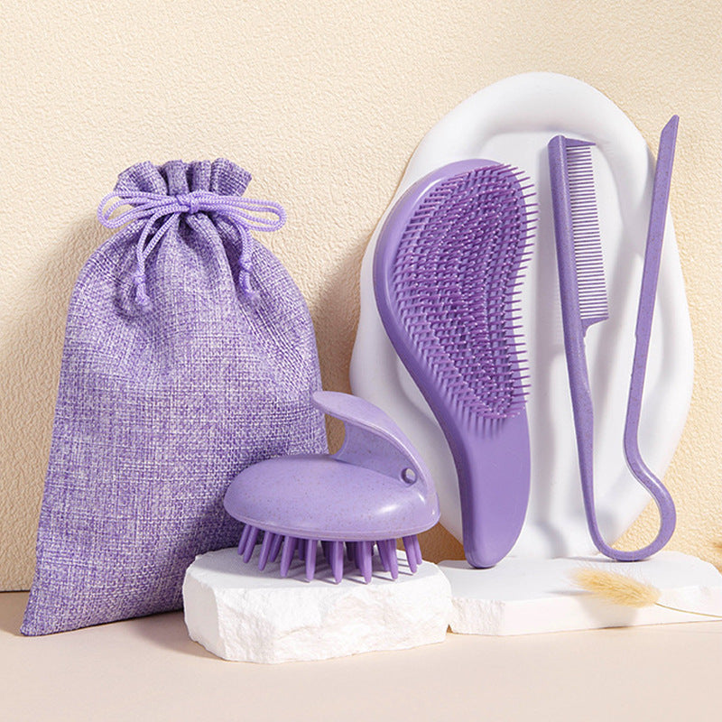 Purple Eco-Friendly Wheat Straw Hair Care Set - Massage Brush, Detangling Comb, and V-shaped Comb for All Hair Types